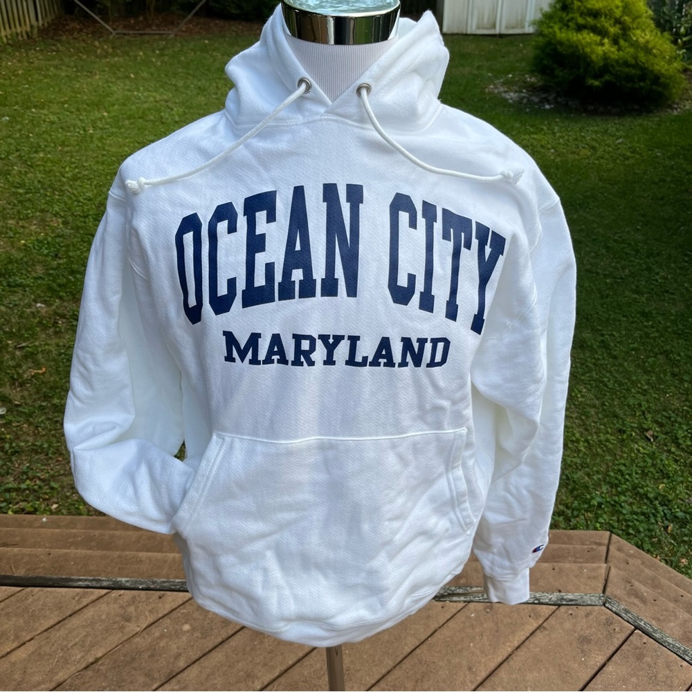 Champion REVERSE WEAVE Ocean City Maryland Hoodie L White Sweatshirt Soft MD